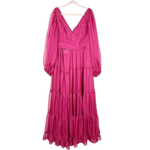 FLAWED - NWT Mac Duggal Ruffle Tiered Puff Sleeve A Line Gown 18 Berry #8247 - Picture 3 of 16